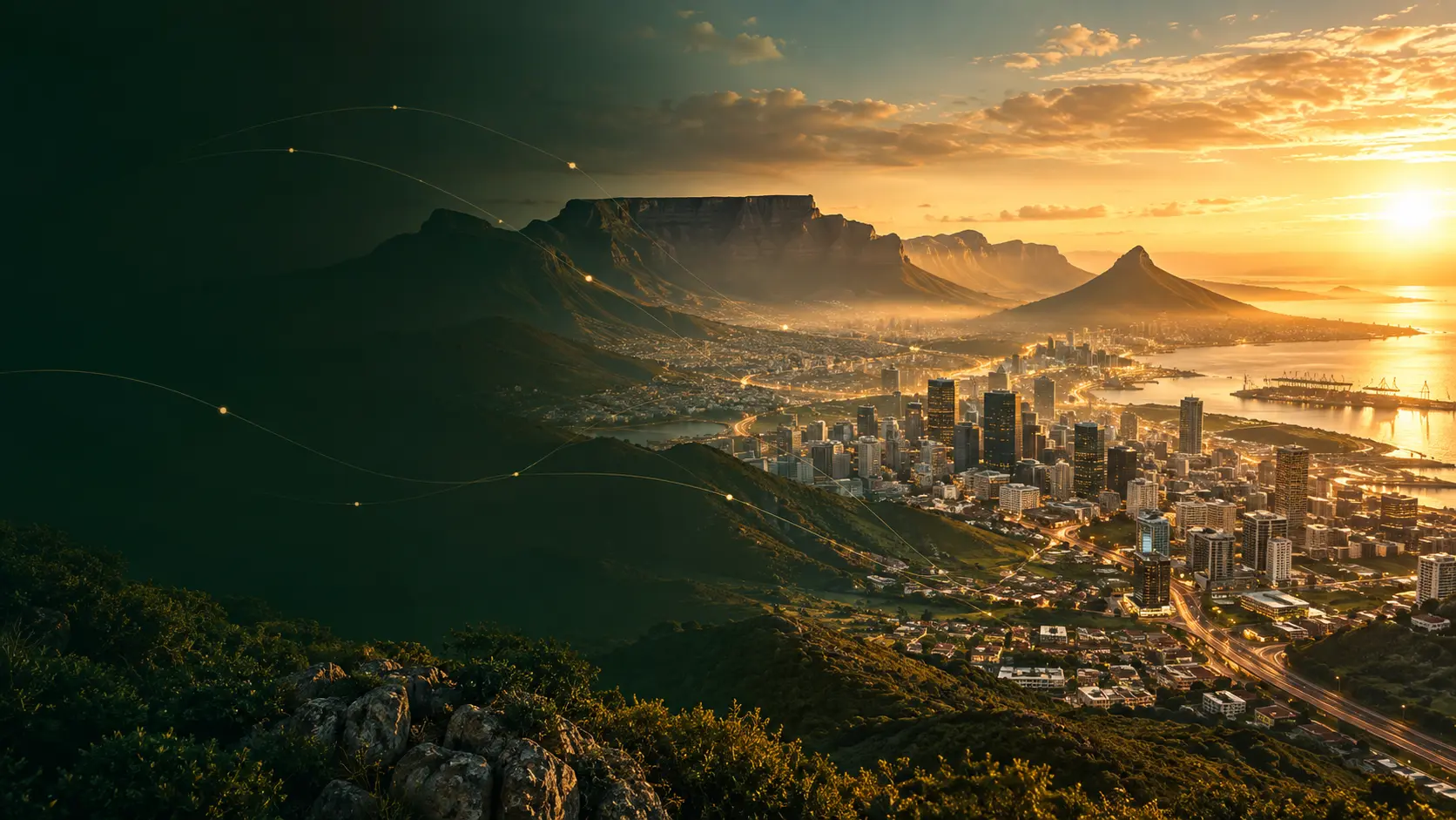 African city and mountain landscape at golden hour